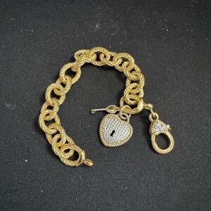 Judith Ripka 925 Gold Key To Heart Charm Link Bracelet w/Diamonique Accents